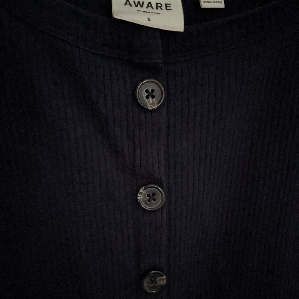 Navy Blue Ribbed Button-Up Women's Top - Picture 3 of 5